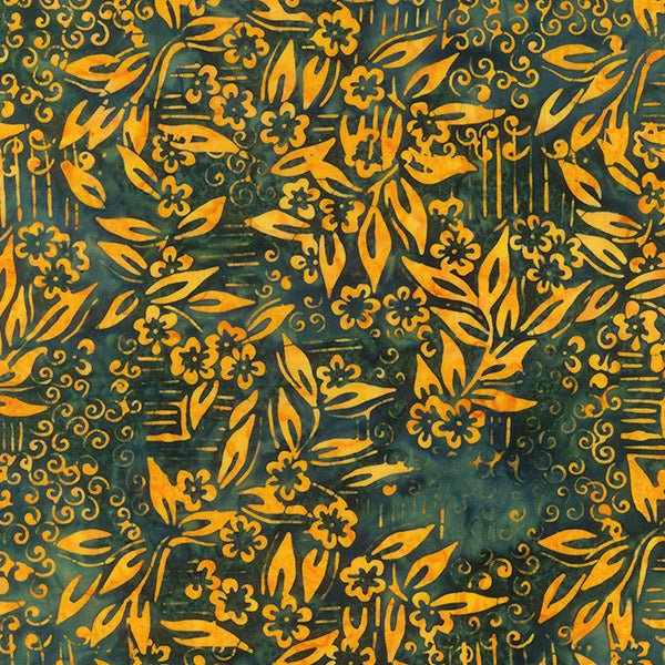 Banyan Batiks Changing Seasons Batik Fabric Floral Branches Forest Green
