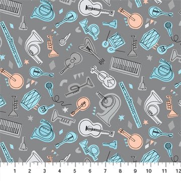 FIGO Fabrics Band Practice Quilt Fabric Instruments Grey