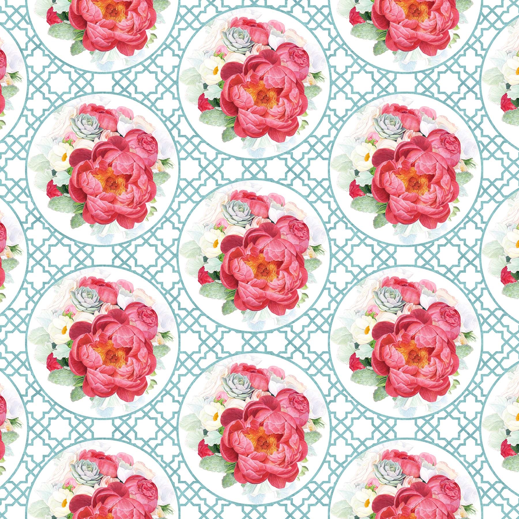 NorthcottBlossoming Beauties Quilt Fabric Framed Roses TurquoiseFabric