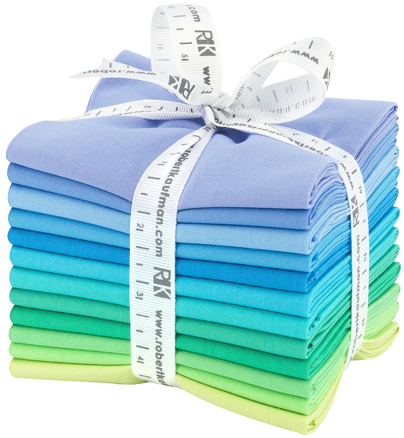 Stack of colourful folded fat quarters tied with a measuring tape ribbon on a white background
