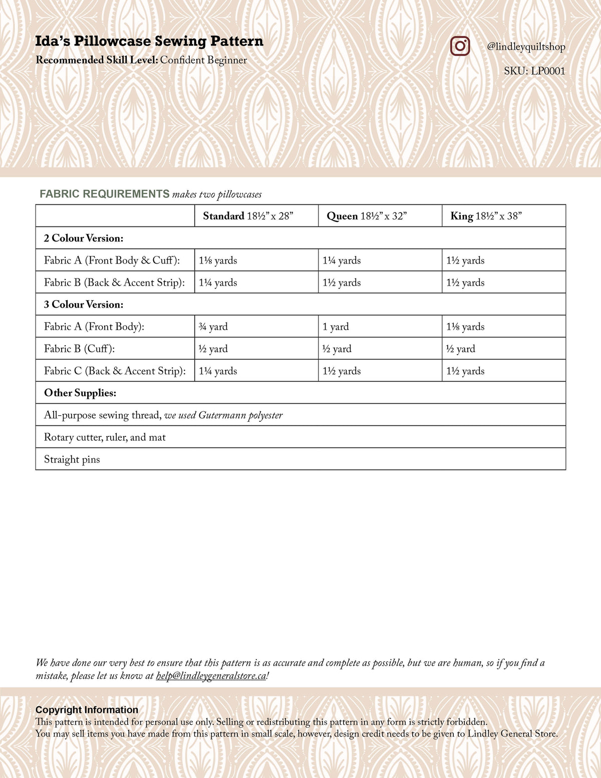 Ida's Pillowcase Sewing Pattern - pdf