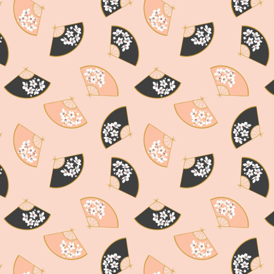 Black Swan Quilt Fabric by Teresa Chan for Camelot Fabric Fans Peach Carbon (4533101035565)