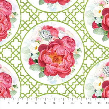 NorthcottBlossoming Beauties Quilt Fabric Framed Roses GreenFabric